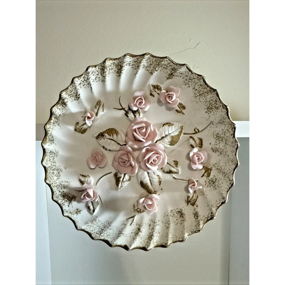 Vintage Lefton Plaque Raised Pink Roses‎ Porcelain